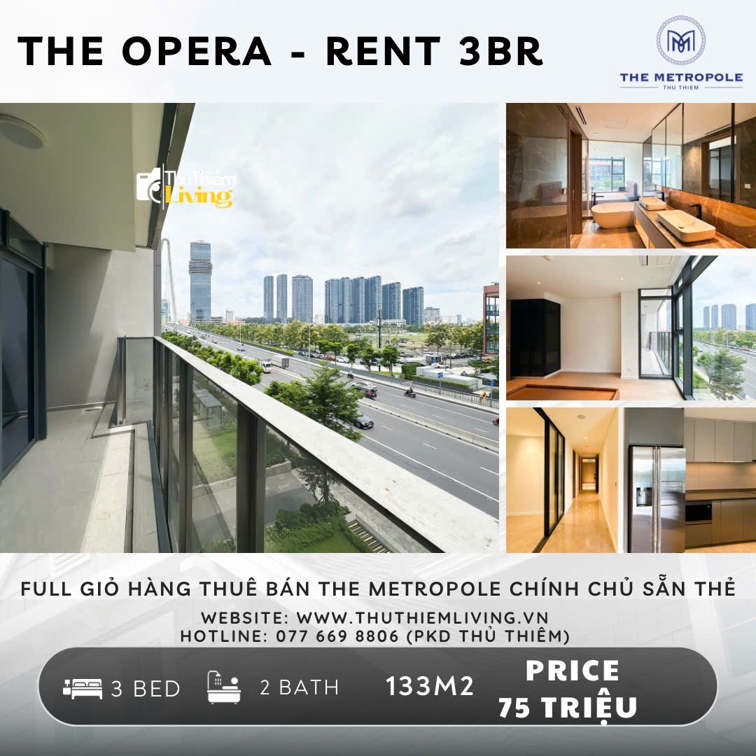 Cho Thuê Căn Hộ 3PN The Opera, Full Nội Thất Cao Cấp, View Sông Sài Gòn, Giá Tốt